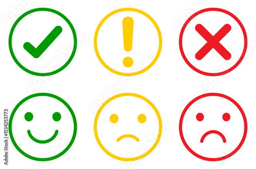 Set of green, yellow, and red round icons showing check marks, cross mark, alerts, and emoticons. Set of colorful check mark, cross, exclamation mark, and emoticons for happy, neutral, and sad moods.