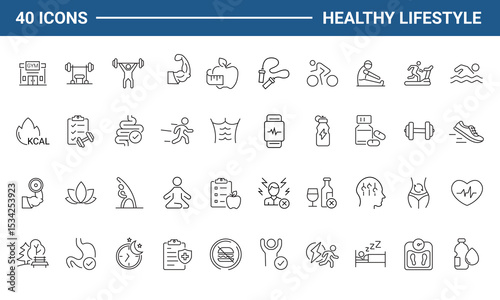 Healthy lifestyle set of web icons in line style. Fitness and sport icons for web and mobile app. Work and rest, physical activity, exercise, gym, sleep, body care and a diet. Editable stroke