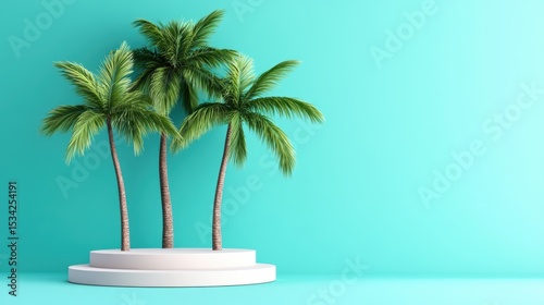 Three palm trees on white platform turquoise background