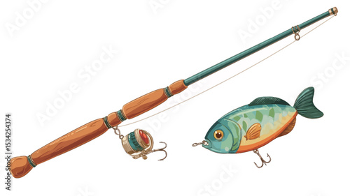 A digital illustration depicting a fishing rod with a wooden handle and a teal-colored rod, a fishing reel attached, and a separate realistic-looking fishing lure in the shape of a fish with orange