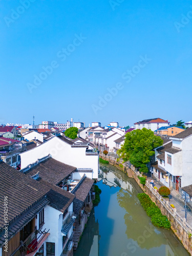 Aerial view of Luodian Ancient Town on sunny day, One of the most famous ancient towns in Shanghai.