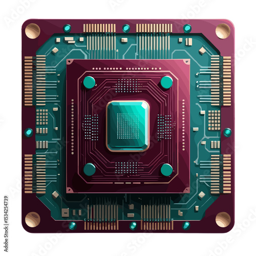 Stylized computer chip with colorful circuit design in a modern technology aesthetic.
