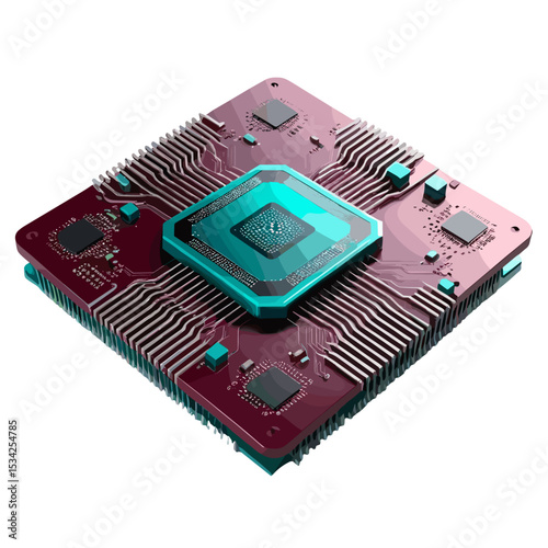 Stylized computer chip with colorful circuit elements in a modern technology design.