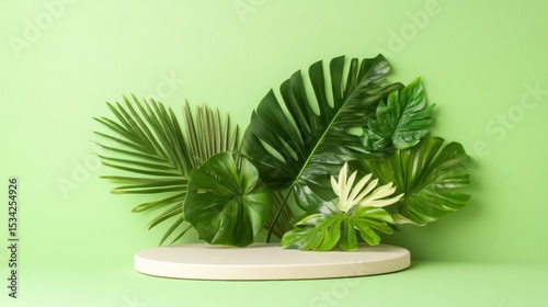 Tropical green leaves on beige round display platform