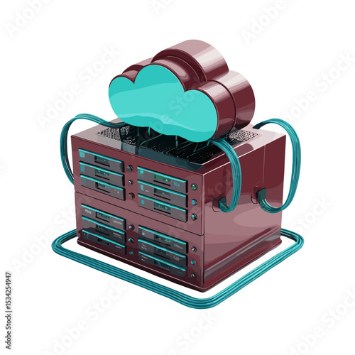 Stylized cloud server with connected cloud icons in a modern data storage design.
