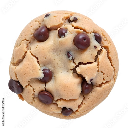 A chocolate chip cookie with a golden brown color and a slightly rough texture, placed on a white background