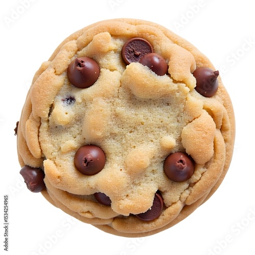 A chocolate chip cookie with a golden brown color and a slightly rough texture, placed on a white background