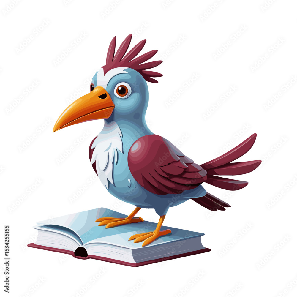 Obraz premium Cartoon bird character standing on an open book with a colorful design and cheerful expression