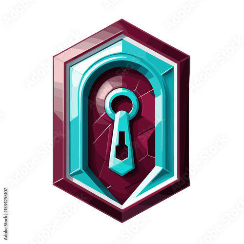 Stylized keyhole design with layered elements and vibrant colors in three-dimensional style

