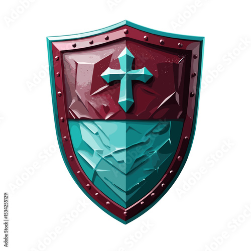 Stylized shield design with cross symbol and three-dimensional texture in bright colors