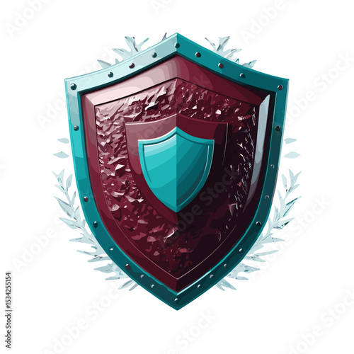 Glossy shield with interior emblem and decorative icy frame in bright colors and 3D effect