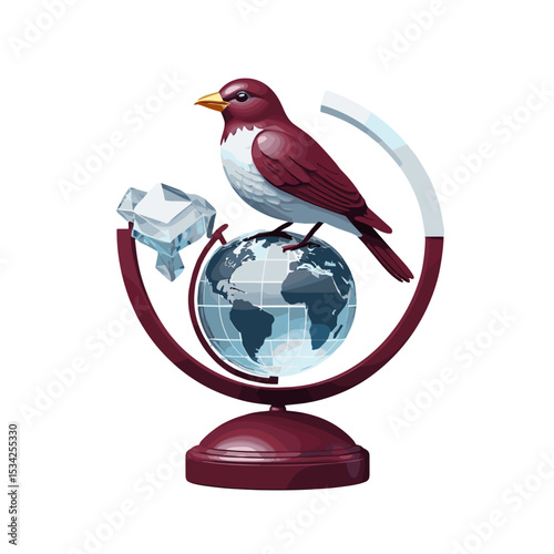 Stylized bird standing on a globe with a crystal element in a vibrant and modern design