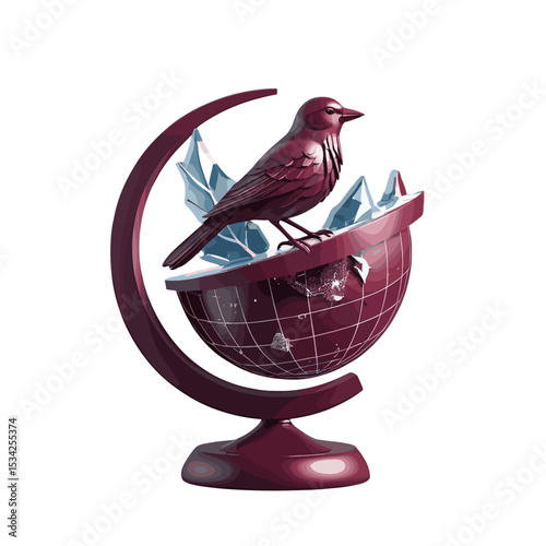 Stylized bird perched on a globe surrounded by crystalline elements in vibrant colors and artistic design