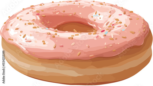 Close-up shot of a single pink glazed donut. The donut has a light brown, slightly textured, fried dough base.  The glaze is a smooth, light pink color and is evenly distributed across the top.