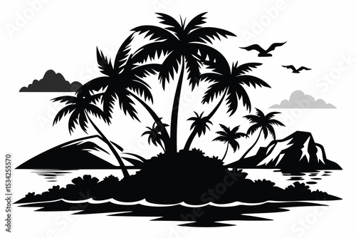 Black Silhouette of a Tropical Island with Palm Trees, Mountains, and Birds