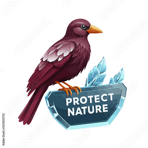 Stylized bird standing on a plaque with the text "Protect Nature" and decorative leaves on white background with copy space
