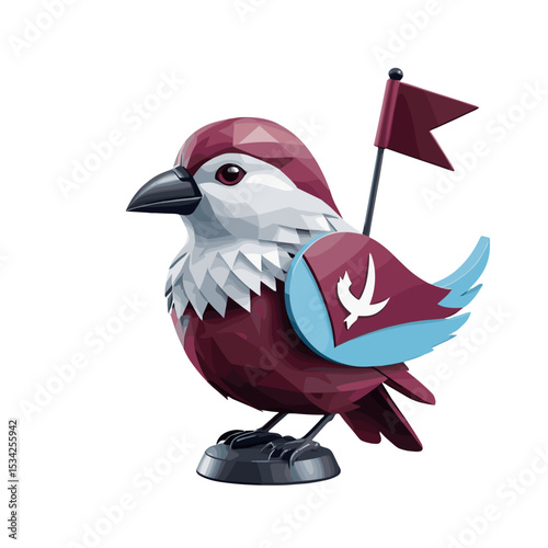 Stylized bird sculpture with a flag in a colorful and geometric design.