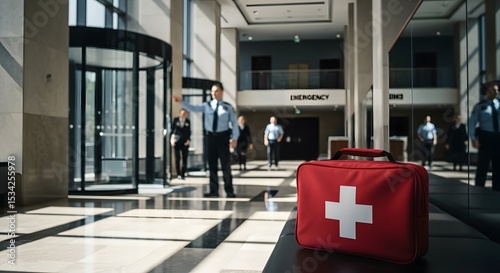 First aid kit in modern office building lobby security guards ensure workplace safety emergency preparedness