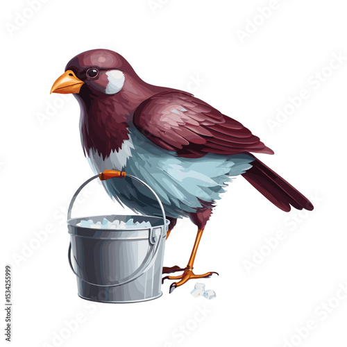 Bird with a bucket of ice in a playful and colorful illustration.
