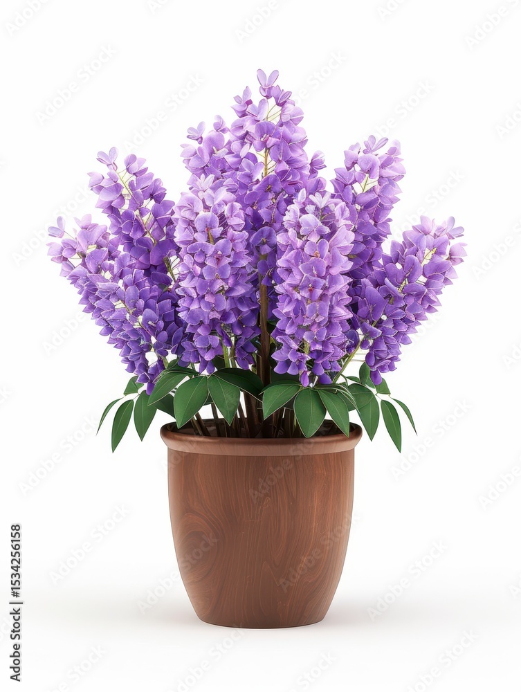 Fototapeta premium Beautiful Purple Wisteria Flowers in Decorative Wooden Pot with Lush Green Leaves Elegant Indoor Plant Display for Home Decor or Special Events