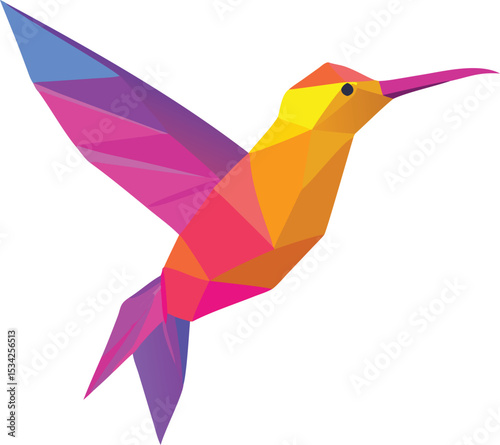 colorful geometric hummingbird, abstract low poly bird, vibrant polygonal hummingbird, cubist style hummingbird, vivid triangular hummingbird, modern polygonal hummingbird illustration
