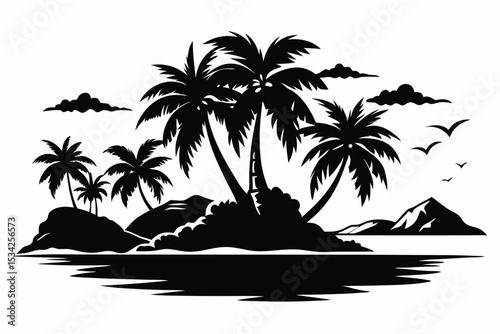 Silhouette of Tropical Island with Palm Trees, Mountains, Birds, and Clouds over Water