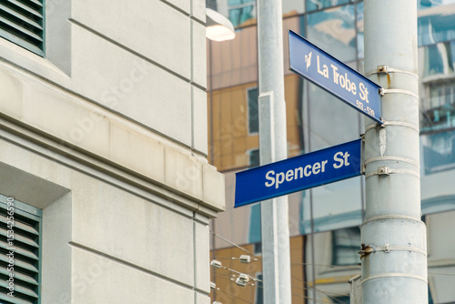 Street signs on the corner of La Trobe and Spencer Streets in Melbourne