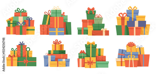 Eight Stacks of Colorful Wrapped Gift Boxes