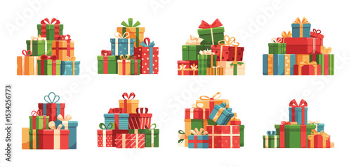 Eight Stacks of Colorful Wrapped Christmas Presents