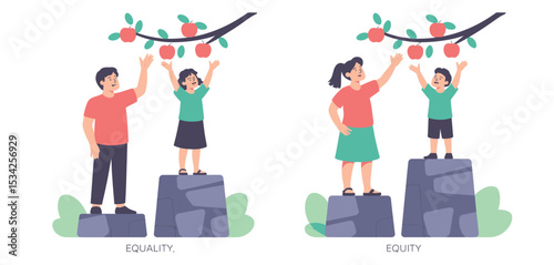 Equality versus Equity Concept Illustration with Children Reaching Apples