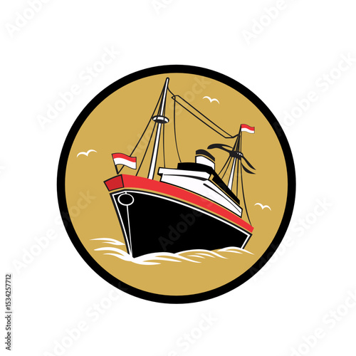 vector icon illustration of a water ship using a red and white flag sailing with birds flying around the ship using a round frame
