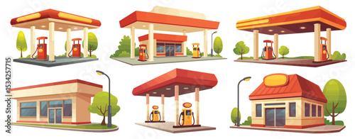 Six Different Cartoon Gas Station Designs with Pumps
