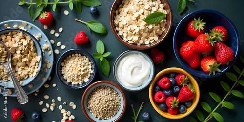 Overhead shot of various bowls filled with breakfast foods, including oats, berries, yogurt, and seeds, arranged on a dark green textured surface