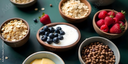 Overhead shot of various bowls filled with breakfast foods, including oats, berries, yogurt, and seeds, arranged on a dark green textured surface