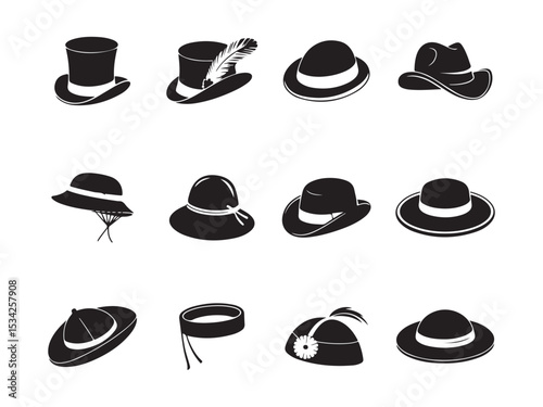 Collection of various black and white hat silhouettes, a variety of classic and stylish hat silhouettes in solid black vector art on white