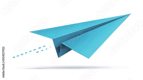 A digital illustration of a light blue paper airplane in flight against a white background. The airplane is depicted in a classic origami style, with crisp folds and a defined shape.  A dotted line