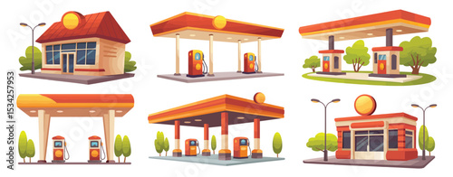 Cartoon Gas Station Set with Convenience Store