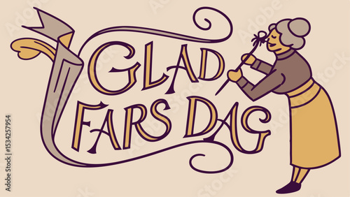 Illustration of a charming vintage style greeting card with swedish glad fars dag text and a lovely woman holding a flower suitable for father's day