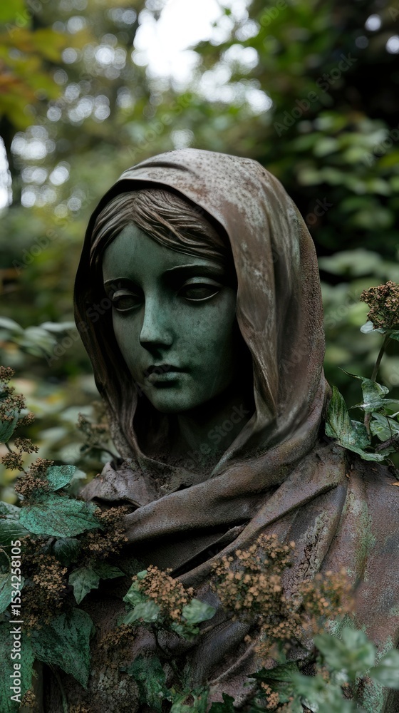 Obraz premium Weathered Stone Statue of a Hooded Woman Amidst Lush Greenery