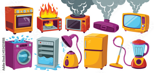 Cartoon Appliances with Fire Water and Smoke Damage