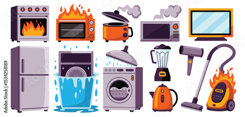 Household Appliance Malfunctions and Accidents Illustration