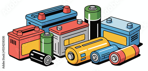 Assorted Car Batteries and AA Batteries Illustration