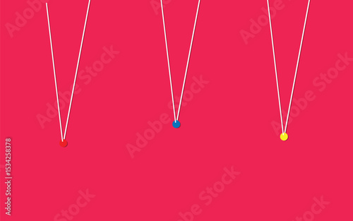A minimalist illustration featuring three colorful pendulum-like elements, suspended by white lines against a vibrant magenta background. The clean, modern design emphasizes simplicity and dynamic 
