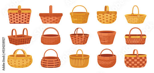 Collection of Various Wicker Baskets for Harvest and Picnic