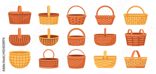 Collection of Various Wicker Baskets for Harvest and Picnic