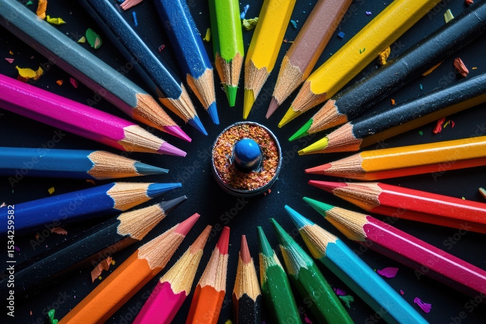Fototapeta premium Colorful pencils arranged in a circle on black background