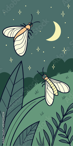 Vector firefly icons, glowing summer night background