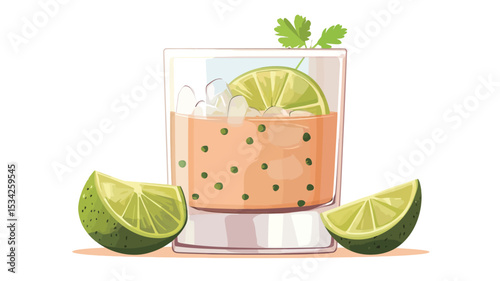 A digital illustration depicting a cocktail in a rocks glass. The cocktail is light orange with dark dots, suggesting pulp or seeds.  Ice cubes and bubbles are visible within the drink. A lime