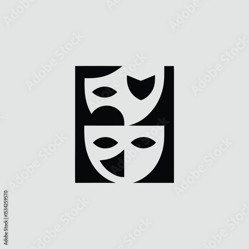 Two theatrical masks, one smiling and one sad, stacked on top of each other in a black and white minimalist design, light gray background