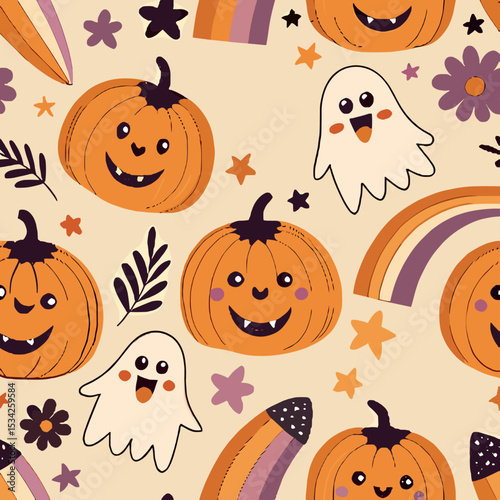 Seamless Halloween pattern with pumpkins and ghosts, playful design for Halloween parties, decorations, and festive merchandise